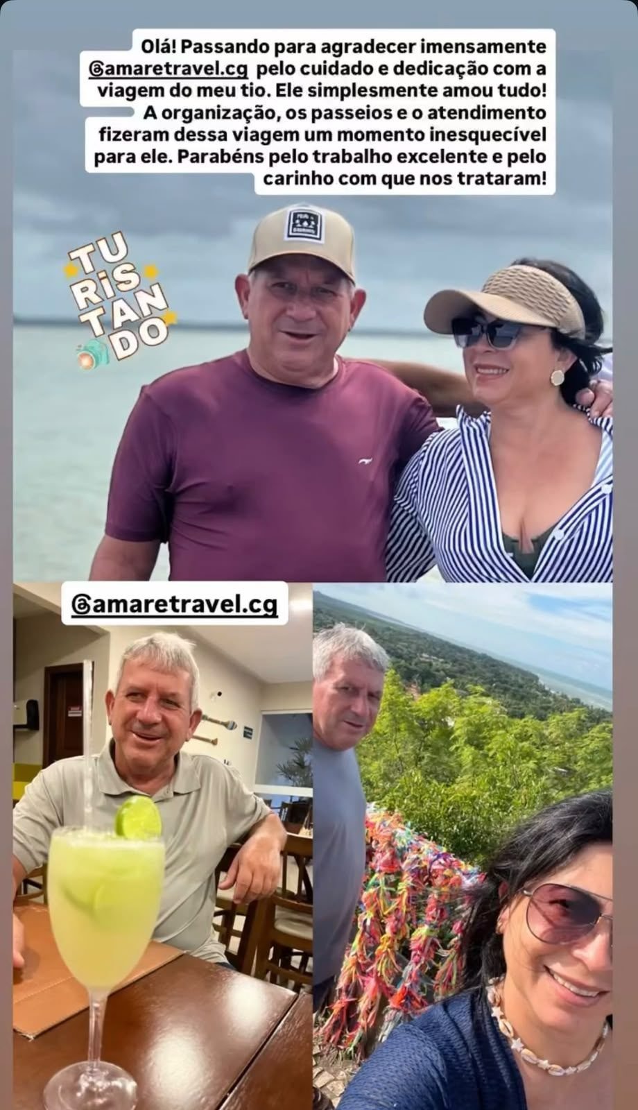 Casal de clientes na beira do mar, com o recado de agradecimento publicado nos stories da Amaré Travel
